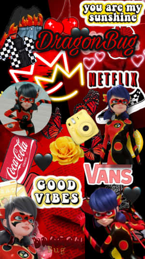 動漫角色 Ladybug 與蝴蝶、玫瑰、可口可樂和 Netflix 品牌在紅色拼貼畫中。