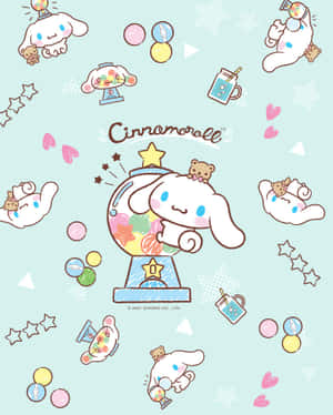 Cinnamoroll 角色與糖果機，周圍有星星、心形和漂浮的角色。