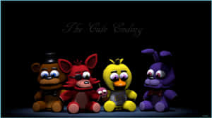 來自《Five Nights at Freddy's》的四個電子動畫角色在戲劇性的燈光下一同坐著，上方有文字「The Cute Ending」。
