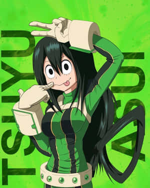 動漫角色 Tsuyu Asui 穿著綠色制服做出和平手勢。