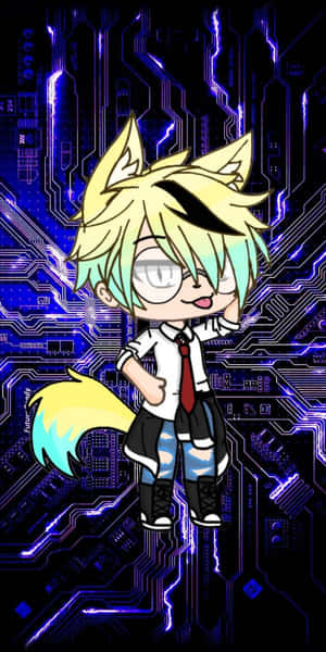 穿著校服的Q版動漫狐狸男孩站在發光的電路板背景上。 — Gacha life GIF 壁紙