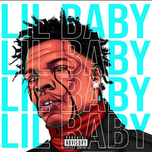 Lil Baby 肖像，帶有青色文字和紅色圍巾，可見家長諮詢標籤。