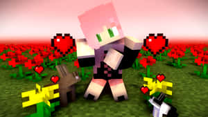 Minecraft角色在一片紅花田中，周圍漂浮著心形。
