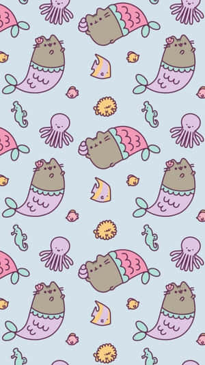 Pusheen美人魚和海洋生物在粉彩水下圖案中。 — 美人魚 GIF 壁紙