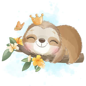 一隻戴著王冠的微笑樹懶在樹枝上休息，周圍有花朵和蝴蝶。 — iPad Air 壁紙