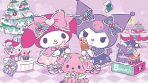 穿著節日服裝的Sanrio角色享受美食和裝飾。 — Kawaii 聖誕 GIF 壁紙