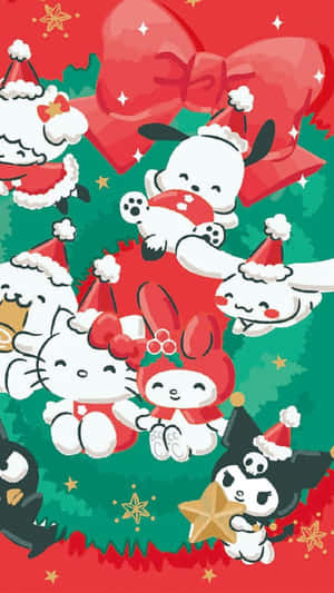 戴著聖誕帽的Sanrio角色在裝飾好的聖誕樹周圍慶祝聖誕節。 — Kawaii 聖誕 GIF 壁紙