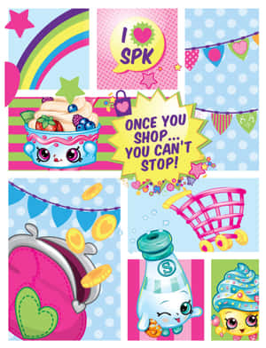 色彩繽紛的Shopkins角色和購物物品，背景為圖案。 — 美學拼貼 壁紙
