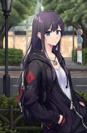 紫髮藍眼的動漫女孩站在有樹木和路標的城市人行道上。