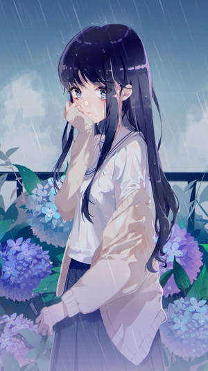 雨中與紫色繡球花一起的動漫女孩，若有所思 — 可愛動漫女仔 壁紙