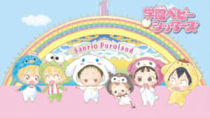 七個Sanrio角色穿著動物服裝，在Sanrio Puroland的彩虹下。