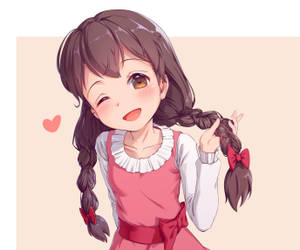 動漫女孩辮子頭髮和紅色蝴蝶結頑皮微笑 — 粉紅動漫美學 壁紙