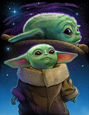 兩個 baby yoda 角色在星空太空場景中穿著棕色外套。 — 寶寶尤達 壁紙