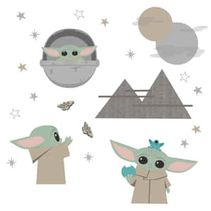 Baby Yoda 在星空場景中，有星星、月亮、蝴蝶和山脈