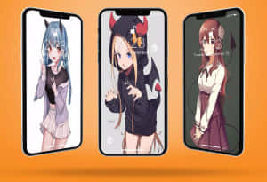三部手機在橙色背景上顯示帶有惡魔角的動漫女孩作為壁紙。