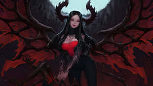 一個在黑暗奇幻場景中擁有紅色翅膀和角的惡魔女性。