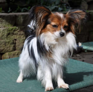 毛茸茸的蝴蝶犬坐在石牆附近戶外的綠色地墊上。 — 狗 壁紙