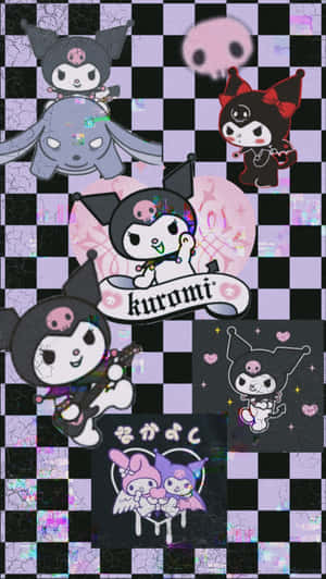 Kuromi 和朋友動漫角色，背景是帶有愛心和骷髏的故障格子圖案。