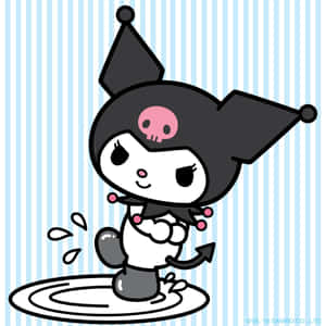 Kuromi 在條紋背景的水坑中潑水。