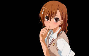 穿著校服、棕色頭髮、臉紅的動漫女孩若有所思地看著觀眾。