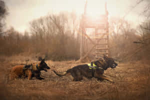 兩隻穿著背帶的警犬在日落時分的田野中休息。
