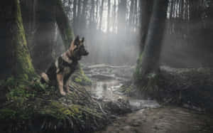 德國牧羊犬在黃昏時坐在霧氣瀰漫的森林溪流旁。