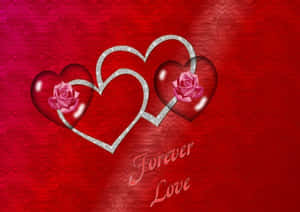 兩個心形配玫瑰和閃爍輪廓，紅色背景上有 Forever Love 文字。