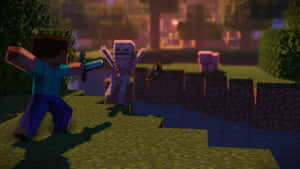 Minecraft 玩家在像素化草地上與骷髏戰鬥。
