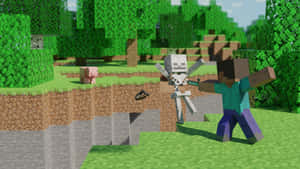 Minecraft 玩家在森林中與骷髏戰鬥，附近有一隻豬。