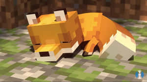一隻像素狐狸喺Minecraft風格世界嘅草地同石上瞓覺。
