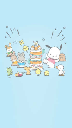 可愛的卡通動物用高高的蛋糕和閃光慶祝生日。 — 黑川伊佐那 壁紙