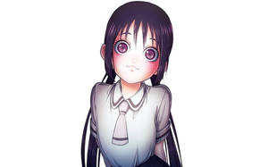 擁有紫色眼睛和深色頭髮的動漫女孩，穿著白色校服。