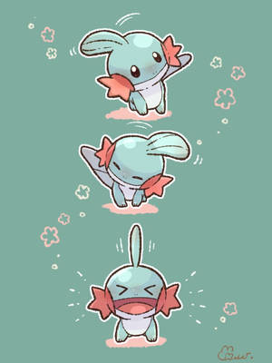 三隻chibi青蛙Pokémon喺青綠色背景上帶住開心表情跳躍。