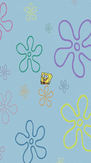 海綿寶寶喺藍色背景上，喺色彩繽紛嘅輪廓海葵之間笑。 — 海綿寶寶 meme GIF 壁紙