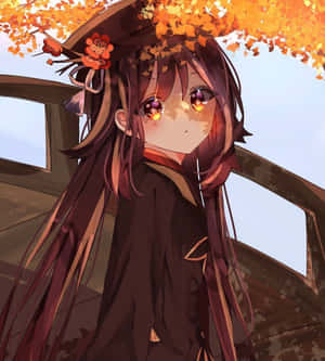 琥珀色眼眸、頭頂秋葉的動漫少女，身處木構建築之下。 — Galaxy Z Flip 8 壁紙