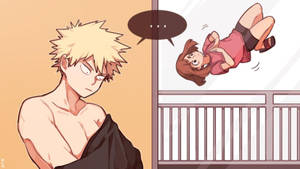 動漫男孩看著穿粉紅色的女孩從窗戶掉下來，帶有省略號對話氣泡。 — 動漫情侶 壁紙