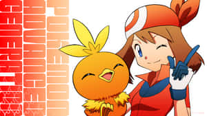 動畫女孩和橙色寶可夢在「POKÉMON」文字背景上一起微笑。 — 藝術 壁紙