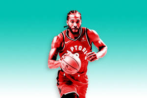 專業籃球運動員身穿紅色Raptors球衣在青綠色背景前運球。