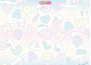 粉彩壁紙，Cinnamoroll 角色和心形漂浮在漸變天空中。