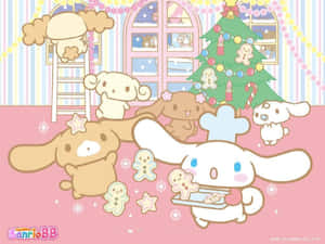 Cinnamoroll 和朋友們用薑餅曲奇裝飾聖誕樹的粉彩粉紅色房間。