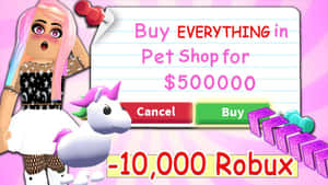 粉紅色頭髮和獨角獸寵物的Roblox角色面對一個500,000 Robux的購買畫面。