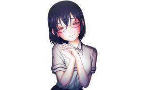戴眼鏡的動漫女孩微笑，穿著校服雙手合十。