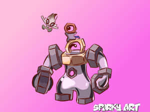一個可愛的機械人與小鳥朋友在漸變粉紅色背景上。