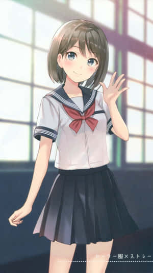 動漫女孩穿著水手服在明亮的窗邊揮手。 — 動漫女孩 壁紙