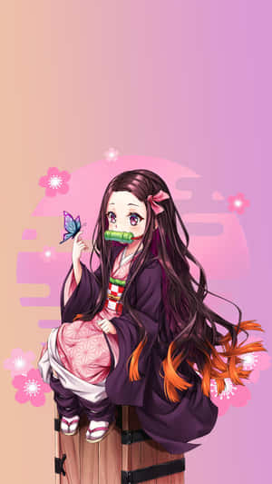 動漫女孩穿和服手持蝴蝶，櫻花在粉紅背景 — 鬼滅之刃 壁紙