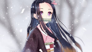 動漫少女穿和服戴竹口枷站在雪中