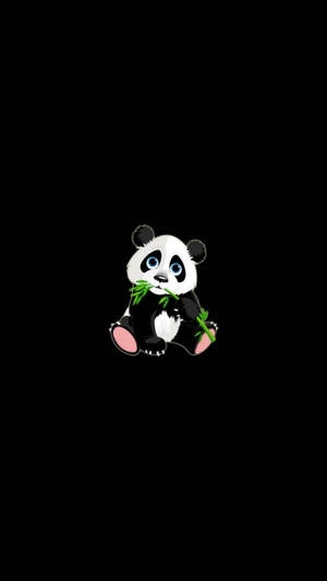 一隻藍眼睛的卡通熊貓在黑色背景上拿著竹子。