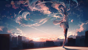 動漫女孩在夕陽城市天際線前，手持發光絲帶跳舞。
