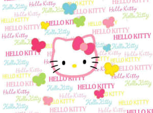 Hello Kitty與蝴蝶和重複文字在白色背景上。