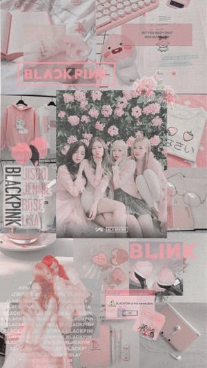BLACKPINK粉絲拼貼畫，配有粉紅色周邊商品和鮮花